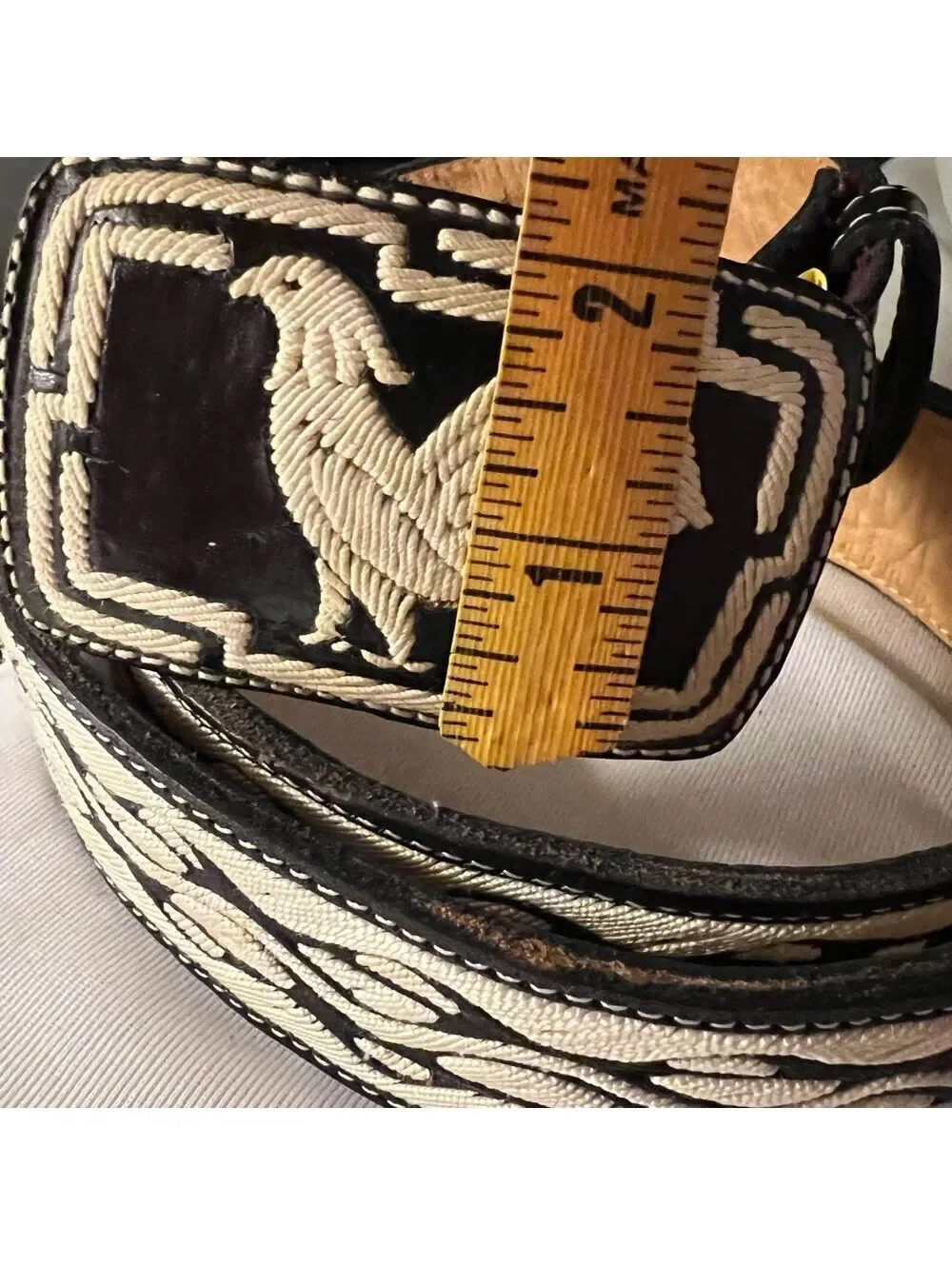 Vintage Rooster Belt Embroidered Buckle Leather Rockabilly Black White XL